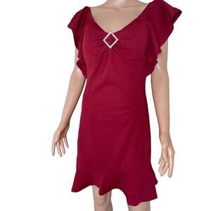 Derek Heart dress flutter sleeve deep rose red NEW knee length Rhinestone SZ L